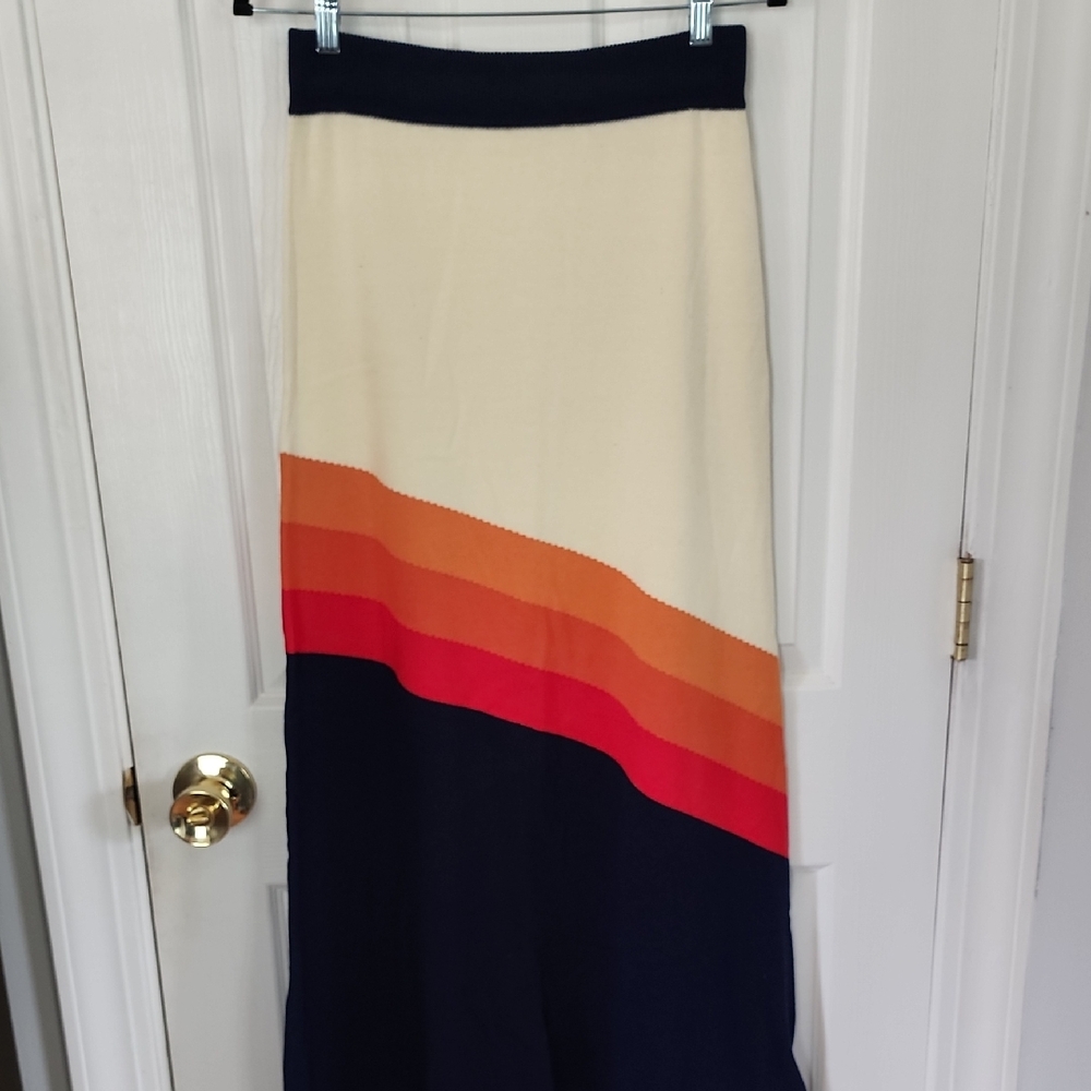 Oxknit Retro Colorblock Midi Skirt with Sunset Stripe - Cream, Orange & Red